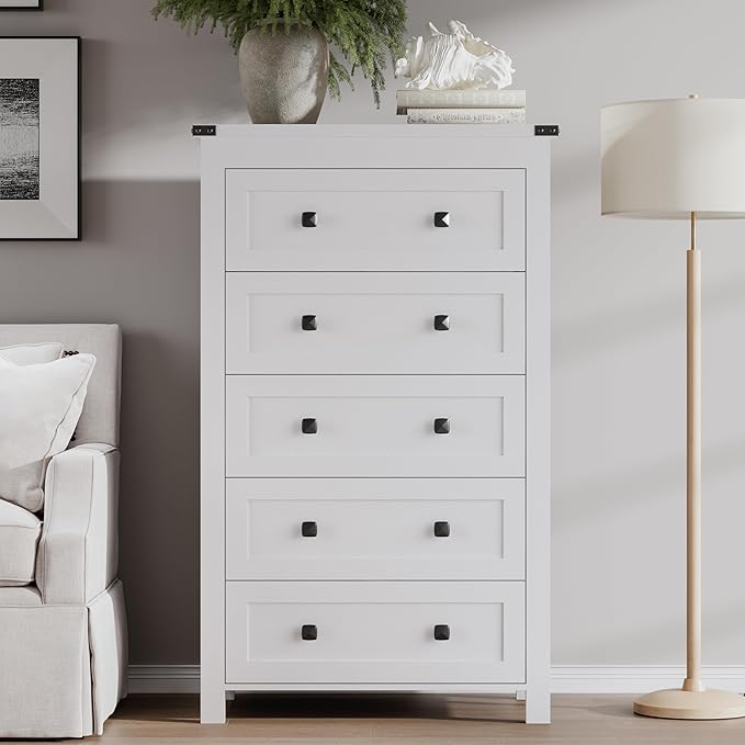 BORNOON Tall 5-Drawer Dresser, Modern Wooden Storage Chest of Drawers, Dresser TV Stand, Wood Drawer Organizer with Metal Handles for Bedroom, Living Room, Hallway