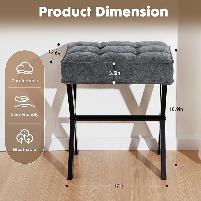 Modern Square Foot Stool Ottoman, Upholstered Vanity Chair with Metal X-Legs & Soft Linen Fabric - Versatile Seat and Footrest for Makeup, Living Room, Bedroom & Entryway(X-Gray)