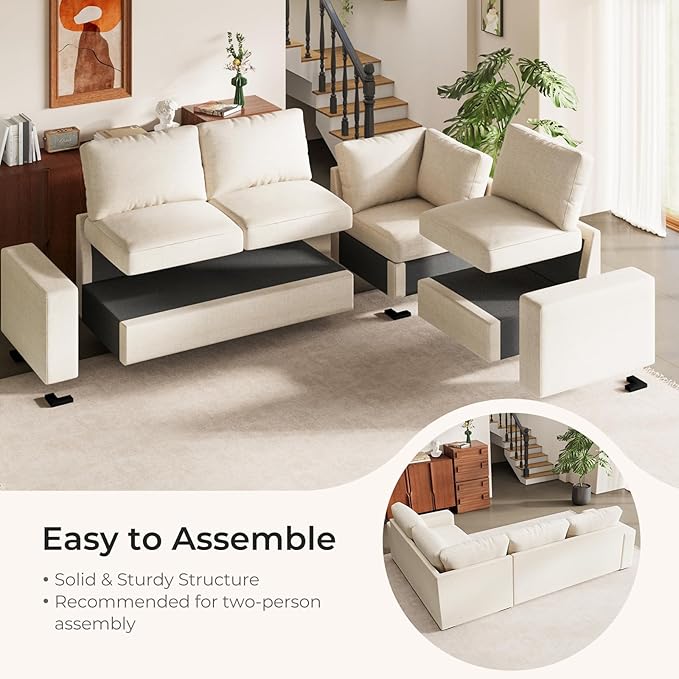 ELUCHANG 113" V-Shaped Modular Sectional Sofa Couch, Modern 4-Seat Comfy Linen Deep Seat Sofa with Corner, Removable Cover, Easy Assembly, Large Sofas & Couches for Living Room, Office, Beige | Spring Cushions, Easy to Clean, Deep Seat