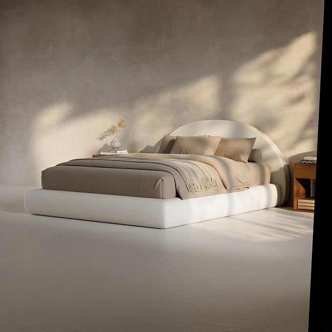 RECCI AirFrame Half-Moon Upholstered Queen Platform Bed Frame, Boucle Curved Arched Base with Headboard, 5 Inch Fully Round Cushioned Foam, No Box Spring Needed, Easy Assembly | Round Shaped, Boucle, Low-profile, Soft