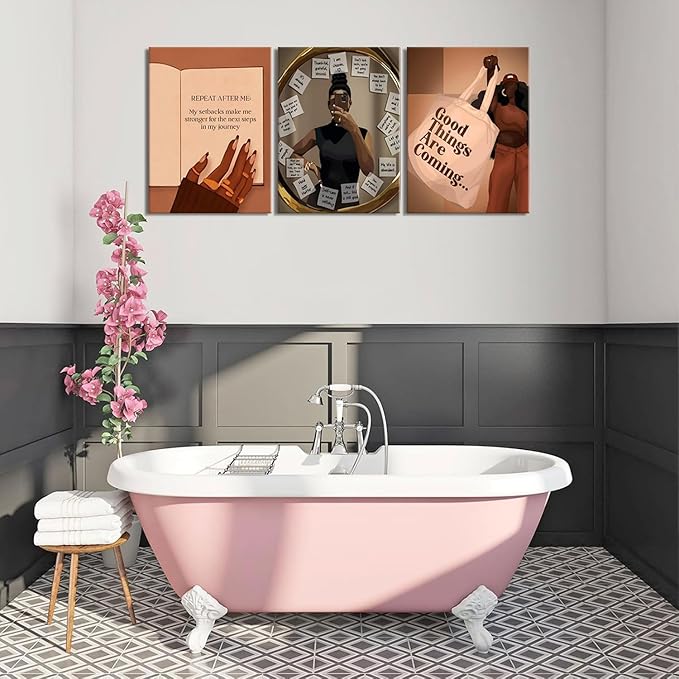 3pcs Black Girl Wall Art African American Wall Decor Painting Fashion Abstract Black Woman Poster Canvas Prints Pictures for Living Room Bedroom 16x24 inch Framed
