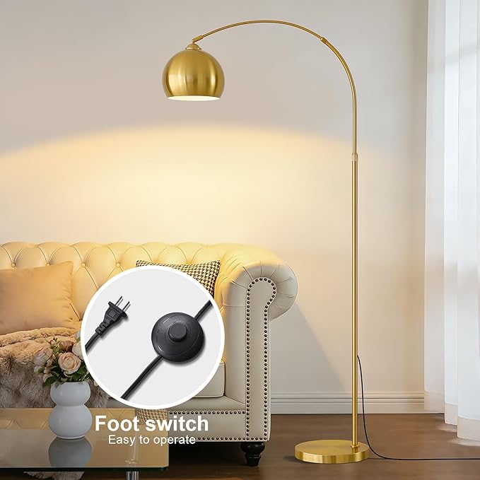 Brushed Gold Arc Floor Lamp 71" Tall, Dimmable 12W LED Smart Standing Lamp with Remote, 360° Rotatable Adjustable Height & Span, Elegant Floor Lamp for Living Room, Bedroom, Office, Library