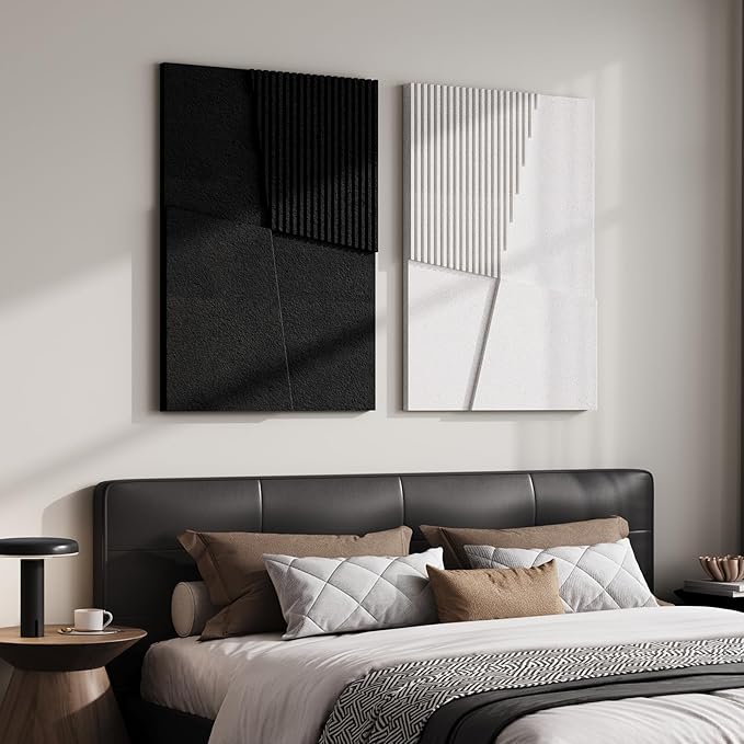 Large 3D Textured Black and White Abstract Wall Art for Living Room, 2 Piece Modern Geometric Paintings Artwork for Walls, Minimalist Balck White Pictures for Dining Bedroom Hallway Wall Decor 24x36 In
