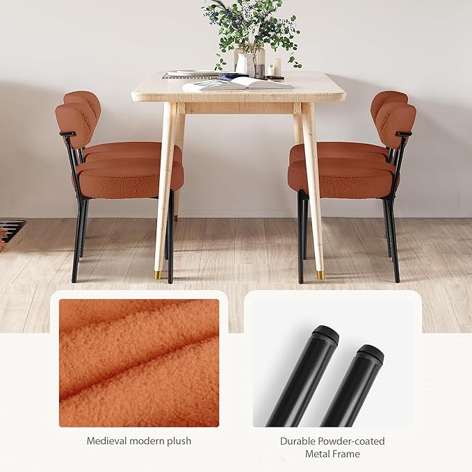 DUMOS Dining Chairs Set of 4, Mid Century Modern Chair Round Upholstered Curved Backrest, Kitchen Vanity Living Room Chairs with Black Metal Legs, Orange