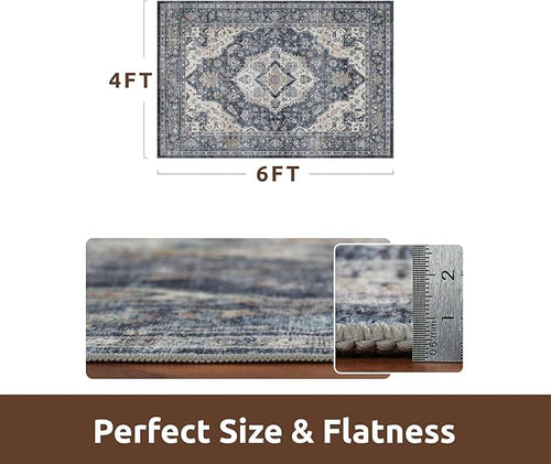 AMOAMI-4X6 Area Rugs for Living Room -Soft Vintage Bedroom Rugs-Non Slip Washable Rug-Throw for Living Room Bedroom Bedside Dining Room Office Blue