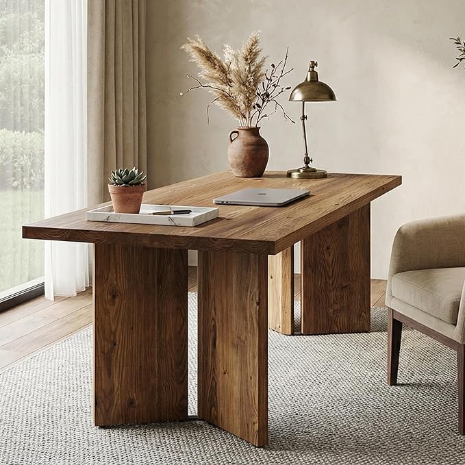 LITTLE TREE 63" Long Large Wood Desks, Solid Wood Office Desk, Farmhouse Executive Computer Desk, Home Office Workstaticon, Work Writing Table, Rustic Brown
