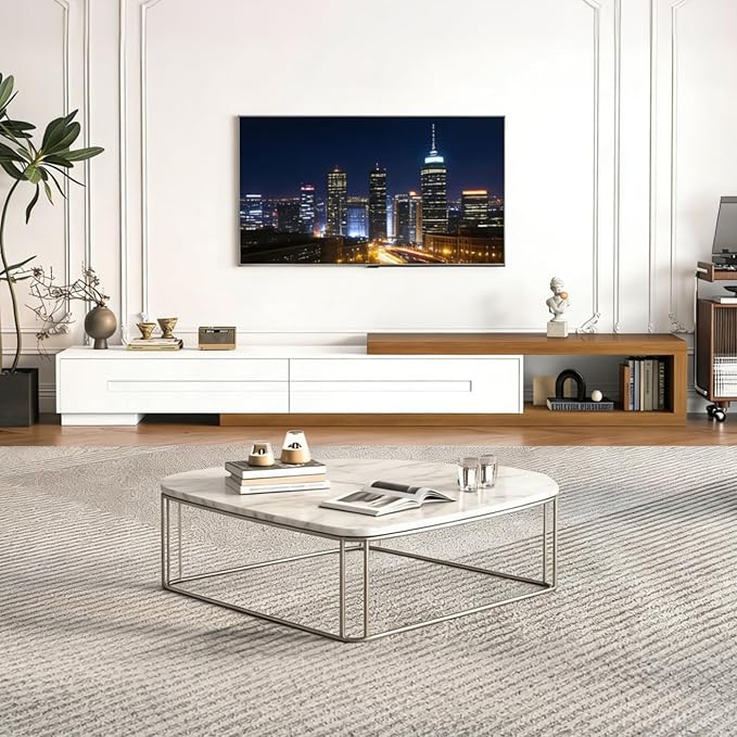 Extendable TV Stand with 2 Drawers, 80"-115" Modern Wood TV Console for Up to 120 Inch TV, Long Reversible Entertainment Center with Storage for Living Room Bedroom, White& Walnut