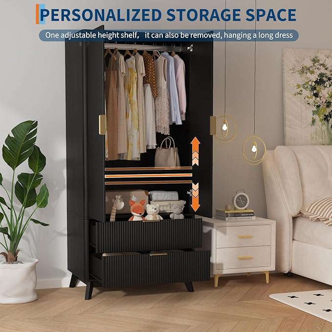Garvee 71" Armoire Wardrobe Closet, Modern Wooden Bedroom Armoire with 2 Drawers & 2 Doors and Adjustable Shelves，Clothing Storage Cabinet with Aluminum Hanging Rod, Locker