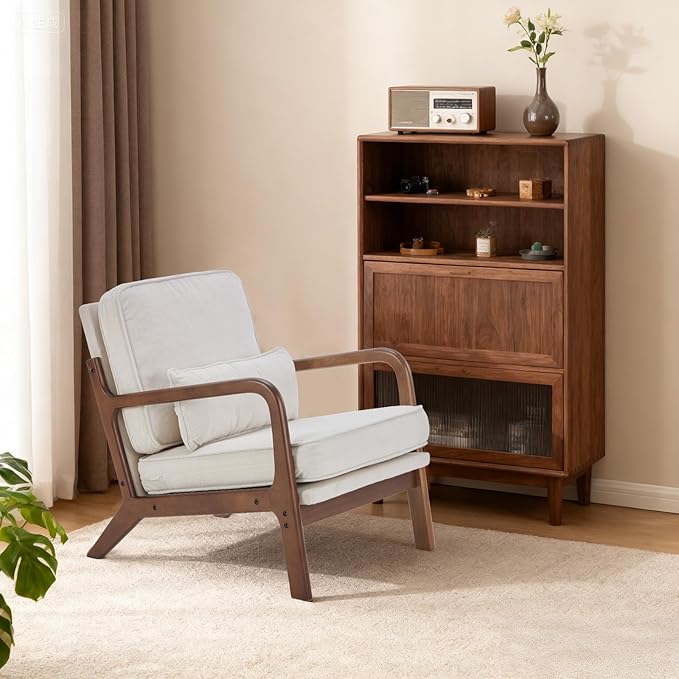 DUMOS Mid Century Modern Chair Set of 2, Accent Chair with Arms and Waist Cushion, Reading Chairs for Adults, Lounge Chair for Living Room and Bedroom, Solid Wooden Frame, Beige