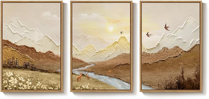 Framed Abstract Mountain Landscape Wall Art for Living Room, 3 Piece Brown Neutral Sunset Scenic Print Canvas Artwork for Walls, Large River Deer Bird Nature Wall Decor for Bedroom Office, 24x36 Inch