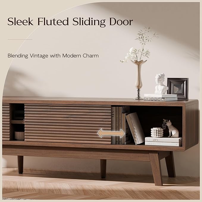 TOLEAD 59" TV Console, Mid Century Modern Media Console for 55/60/65 Inch TV, Low Profile TV Stand with Fluted Sliding Doors, Boho Light Wood Credenza for Living Room, Walnut