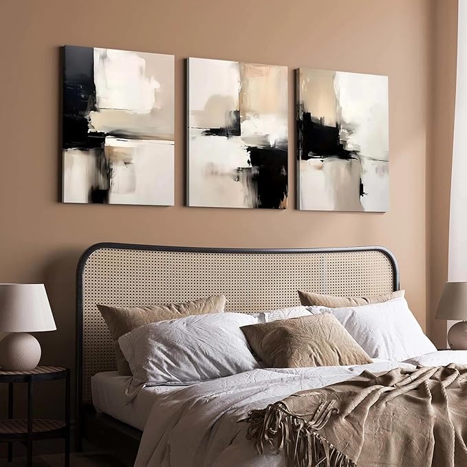 3 Piece Wall Art Framed Modern Abstract Neutral Canvas Wall Art Black White Beige Minimalist Painting for Living Room Bedroom Office Wall Decor Pictures Wall Decor with Hooks and Nails 12x16 Inch