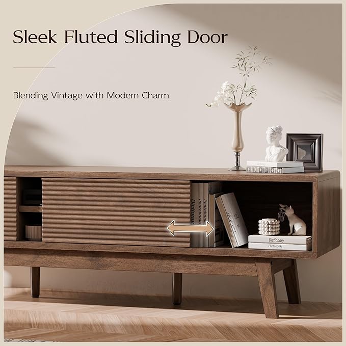 TOLEAD 59" Mid Century Modern TV Stand for TVs up to 65 Inch, Low Profile Entertainment Center with Fluted Sliding Doors & Storage, Wood TV Console Table for Living Room, Walnut
