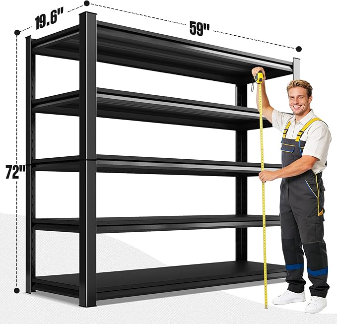 2000lbs Heavy Duty Garage Shelving, 5-Tier Adjustable Storage Shelves, 72" H x59 W x 19.6" D, Utility Metal shelvingfor Warehouse, Basement, Garage