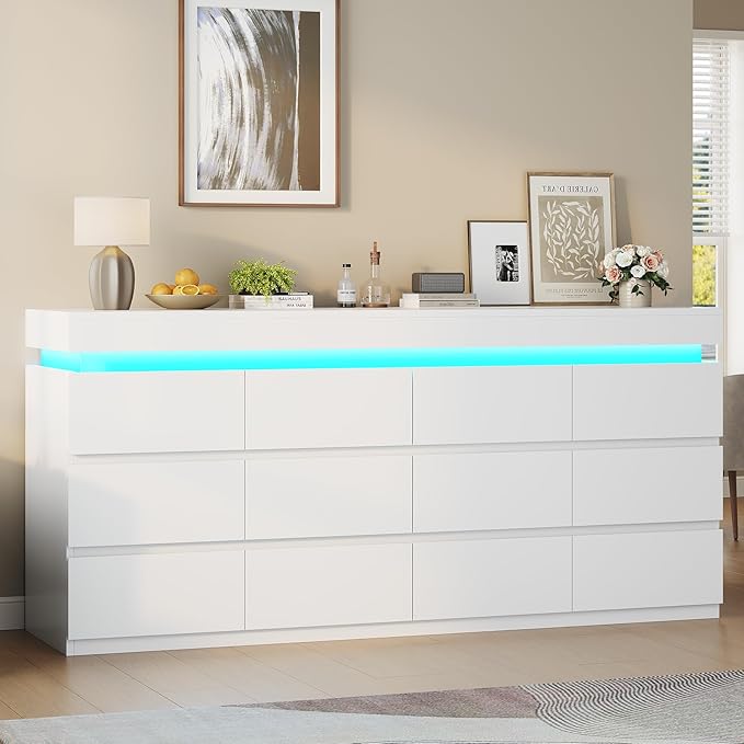 HAUOMS 12 Drawer Dresser with LED Light, White Modern Chest of Drawers for Bedroom,Long Dressers with Drawers for Living Room, Entryway, Hallway