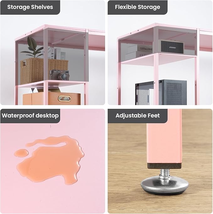 MINOSYS Computer Desk 55-inch with Storage Shelf - Pink Ideal Gaming Desk for Bedrooms, Small Spaces, and Home Offices Modern Writing Desk for PCs.