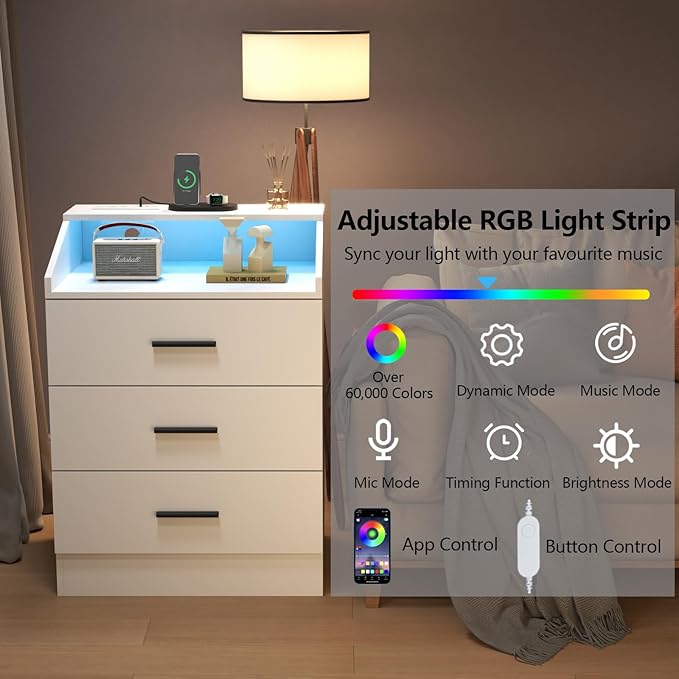 Gyfimoie 3 Drawers Dresser with Power Outlet, Chest of Drawers with LED Light, White Dresser Organizer with Open Storage Cubby, Modern Nightshatnd for Bedroom, Living Room, Entryway, Hallway