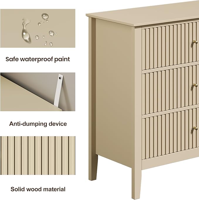RoyalCraft 6 Drawer Dresser Set of 2, Fluted Modern Wood Dresser, Double Chest of Drawers for Bedroom, TV Stand Storage Cabinet for Living Room, Beige