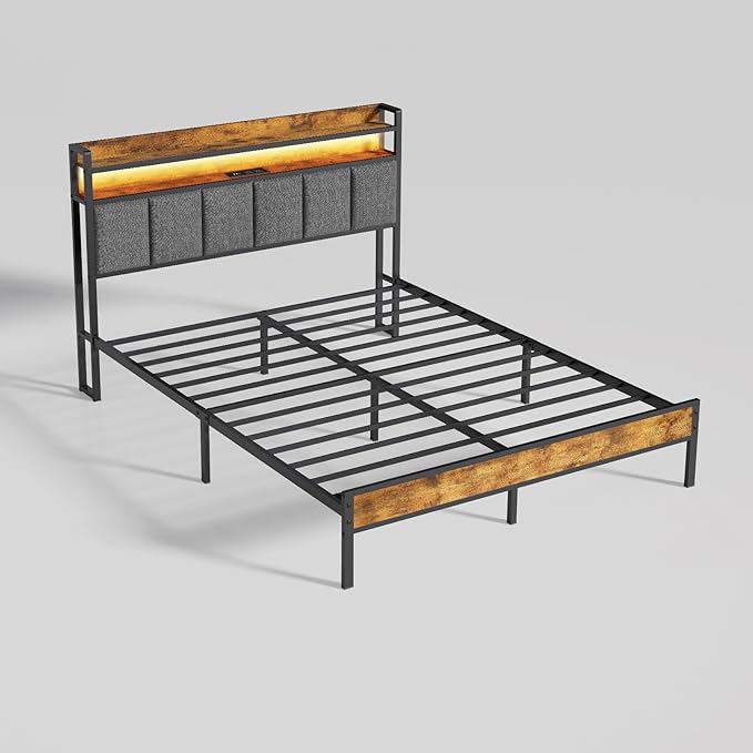 Easy Assembly Twin Bed Frame with LED Light &Charging Station, Metal Platform Bed with 2-Tier Shelves & Under Bed Storage, Upholstered Headboard&Footboard,No Box Spring Needed,Noise Free,Vintage Brown