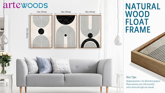 Framed Wall Art Canvas Set Mid Century Boho Pictures Modern Abstract Geometric Wall Decor Minimalist Black Beige Bohemian Canvas Painting Artwork for Living Room Bedroom Office 16"x24"x3 Natural