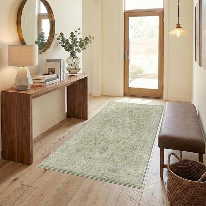 Homemate Washable Rug 3x5 Area Rugs - Vintage Faux Wool Rugs for Living Room Bedroom Dining Room - Non Slip Foldable Carpet Indoor Area Rug for Home Decor（3'x5', Green