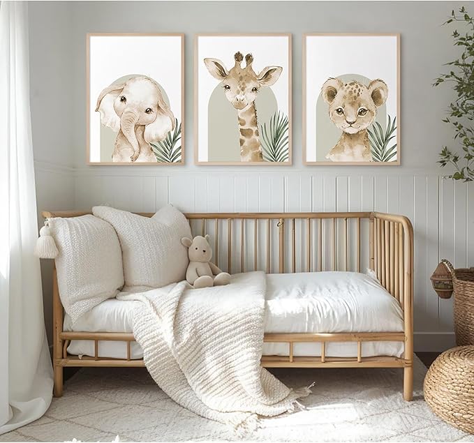 Tocliky Nursery Animal Wall Art Decor Safari Jungle Nursery Pictures Baby Boy Room Canvas Wall Decor Woodland Animals Prints Safari Giraffe Artwork for Boys Kids Bedroom 12x16 Inch Unframed Set of 3