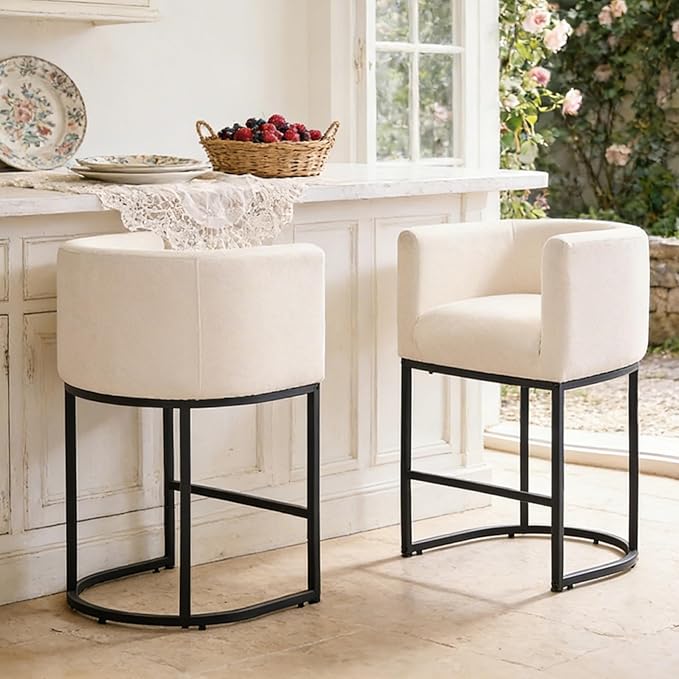 ClinQ 26" H Counter Height Bar Stools Set of 2, Modern Barrel Counter Stools with Backrest and Arms, Black Metal Frames, Linen Fabric Upholstered Accent Barstools for Kitchen Island, Beige