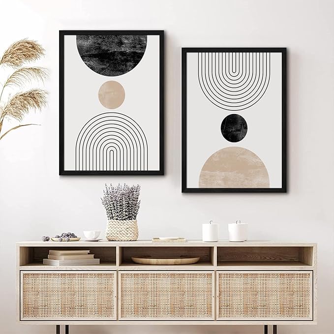 Mid Century Modern Wall Art Prints Set of 2 Neutral Abstract Geometric Wall Art Boho Canvas Prints Mid Century Eoind Wall Decor Modern Abstract Pictures Artwork for Home Room 16x24 Inch Black Framed
