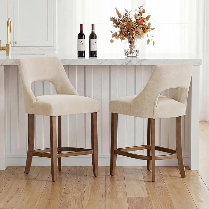 UVV Bar Stools Set of 2, Upholstered Counter Height Bar Stools, Modern Counter Stools with Wood Legs for Kitchen Island Dining Room Bar, Beige