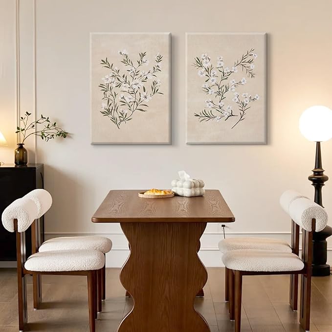 Vintage Botanical Wall Art Neutral Floral Prints Farmhouse Flower Canvas Wall Decor Watercolor Wildflower Pictures Nature Minimalist Artwork for Living Room Bedroom 16x24 Inch Wrapped Canvas Set of 2