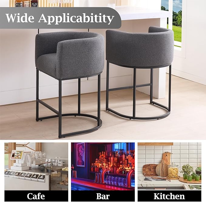 ClinQ 26" H Counter Height Bar Stools Set of 2, Modern Barrel Counter Stools with Backrest and Arms, Black Metal Frames, Linen Fabric Upholstered Accent Barstools for Kitchen Island, Carbon Gray