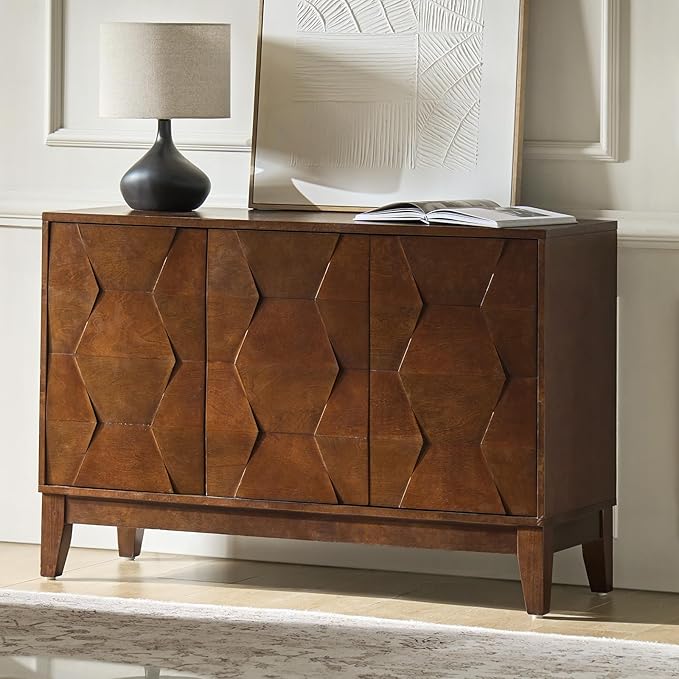 HULALA HOME Modern Kitchen Buffet Cabinet Storage Sideboard with 3D Geometric Design, Freestanding Floor Cabinet with 3 Doors & 2 Adjustable Interior Shelves for Living Room Dining Room Hallway,Walnut