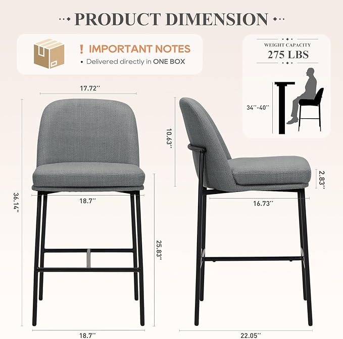 COLAMY Counter Height Bar Stools Set of 2, 25 Inch Modern Fabric Kitchen Island Stools with Back, Upholstered Counter Barstools Armless Bar Chairs with Metal Legs for Island Dining Room Bar,Dark Grey