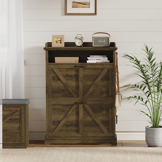 Shoe Cabinet with 2 Flip Drawers, Farmhouse Narrow Shoe Cabinet Organizer with Double-Layer Top, Freestanding entryway organizer with adjustable shelves and hooks, for, Foyer, Hallway, Brown