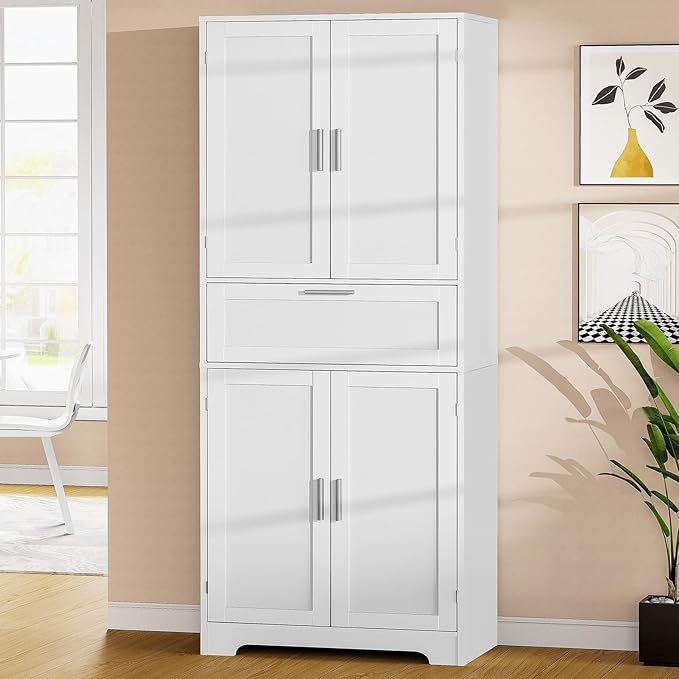 Iwell 67" Tall Storage Cabinet, Rattan Cabinet with 2 Adjustable Shelves & Large Drawer, Pantry Cabinets for Kitchen, Living Room, Home Office, Natural | Adjustable Shelf, 1 Large Drawer, 4 Doors