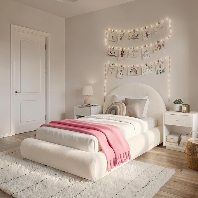 RECCI AirFrame Half-Moon Upholstered Twin Platform Bed Frame, Velvet Curved Arched Base with Headboard, 5 Inch Fully Round Cushioned Foam, No Box Spring Needed, Easy Assembly | Round Shaped, Boucle, Low-profile, Soft