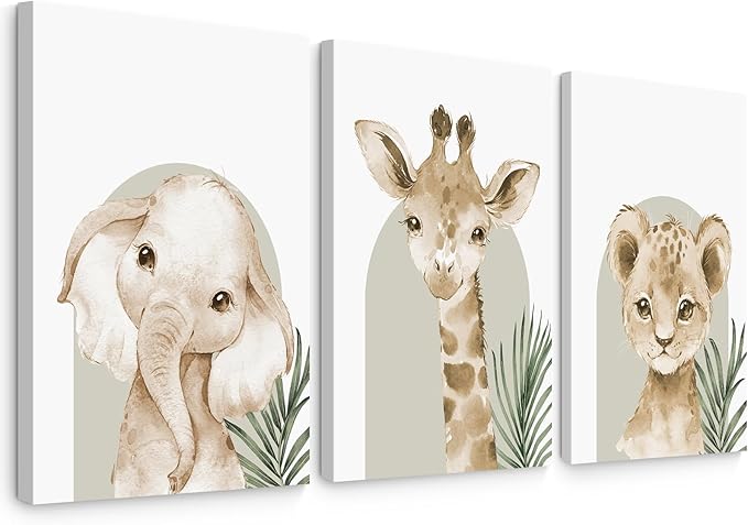 Nursery Animal Wall Art Decor Safari Jungle Nursery Pictures Baby Boy Room Canvas Wall Decor Woodland Animals Prints Safari Giraffe Artwork for Boys Kids Bedroom 12x16 Inch Wrapped Canvas Set of 3
