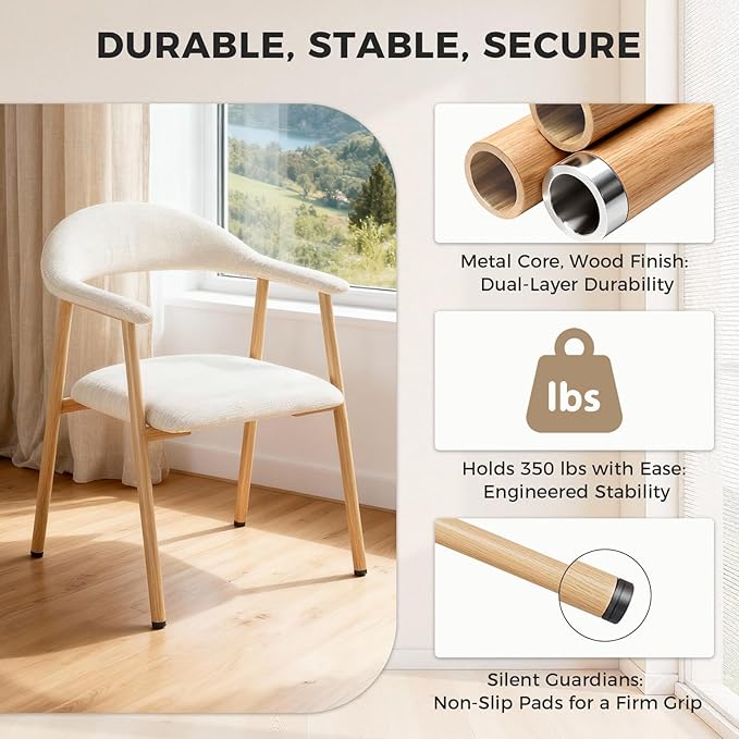 DUMOS Set of 2 Beige Linen Fabric Upholstered Dining Chairs, Modern Farmhouse Kitchen Side Chairs with Curved Backrest and Metal Legs, Accent Chairs for Dining Room, Restaurant, Cafe