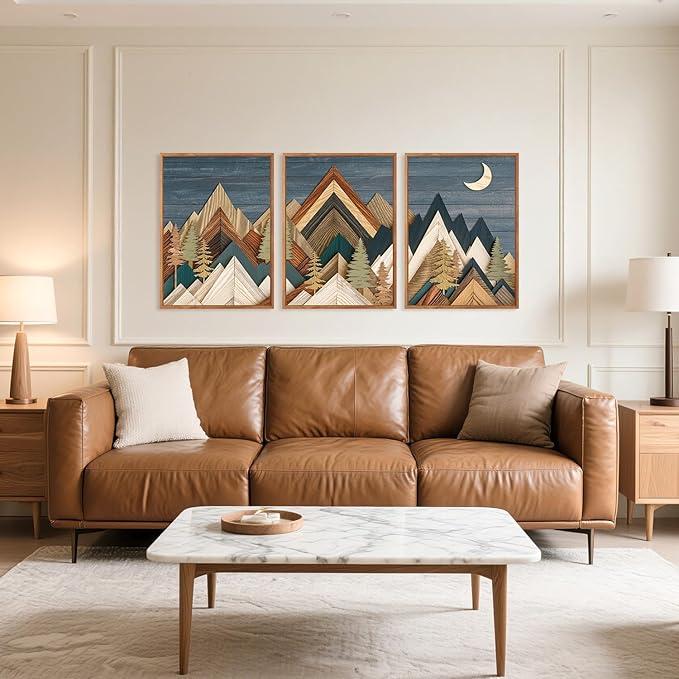 HPINUB Mountain Woodcut Style Framed Canvas Wall Art, (Set of 3,12X16 Inch) Vintage Pine Tree Wall Decor, Nature Country Wilderness Forest Artwork,Modern Navy blue Art Prints for Living Room,Bedroom