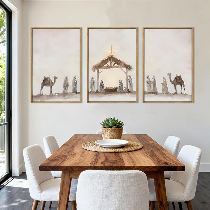 Anyzal Large Jesus Framed Wall Art 16x24 Inch Easter Catholic Nativity Scene Canvas Wall Decor Christian Religious Painting for Living Room Bedroom Dining Room Set of 3