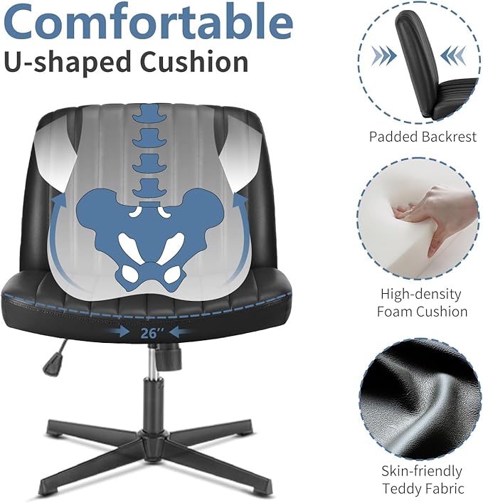 DUMOS Desk Chair No Wheels, Criss Cross Chair Wide Cross Legged Office Desk Vanity Chair, PU Leather Armless Adjustable Swivel Chairs for Home Computer Task Black