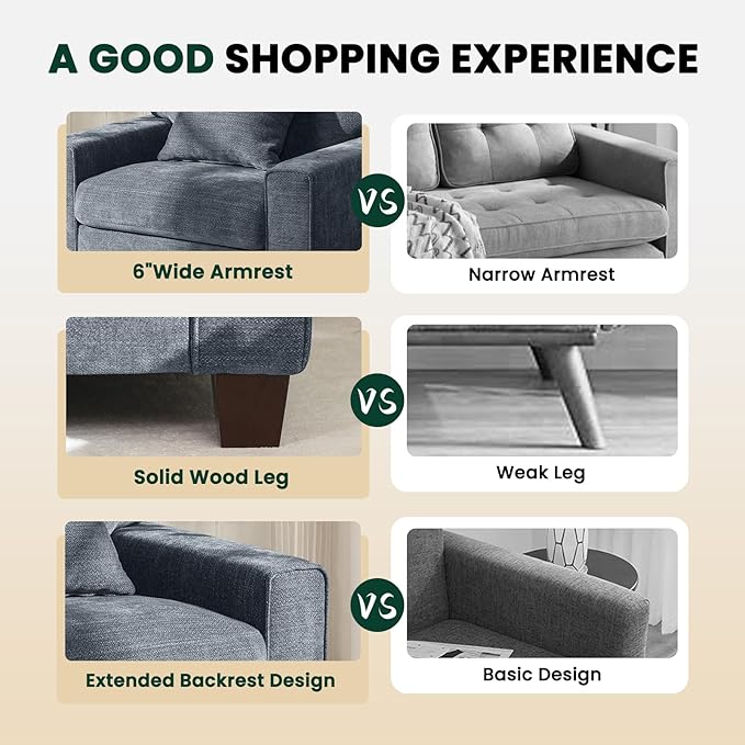 DOPEDIO Modern Living Room Sofa Set, 88.58" Chenille Loveseat with 2 Accent Chairs, Removable Covers, Spring Cushions, Solid Wood Frame, Easy Assembly（88.58inch+2 Single,Blue）