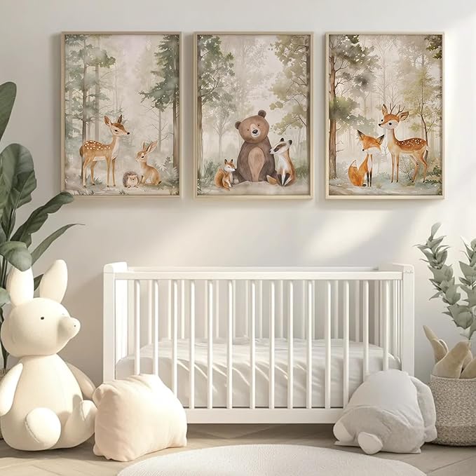 Tocliky Woodland Nursery Wall Art Decor Animal Forest Canvas Prints Baby Boy Room Wall Decor Bear Nursery Nature Pictures Deer Prints Artwork for Boy Girl Kids Bedroom 16x24 Inch Unframed Set of 3
