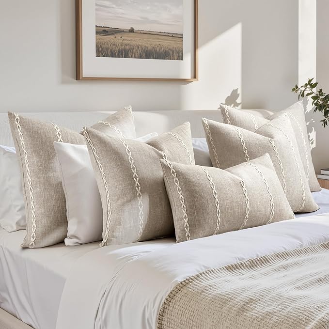 HOMEIDEAS Decorative Striped Throw Pillow Covers 18x18 Set of 2, Tan Farmhouse Pillow Covers, Neutral Faux Linen Cushion Covers for Couch Sofa Bed Home Decor