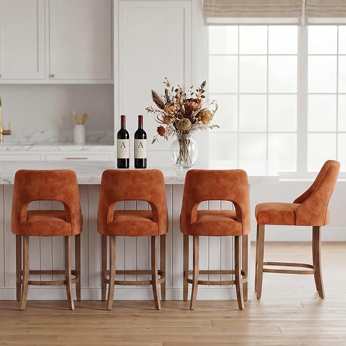 UVV Bar Stools Set of 4, Upholstered Counter Height Bar Stools, Modern Counter Stools with Wood Legs for Kitchen Island Dining Room Bar, Orange