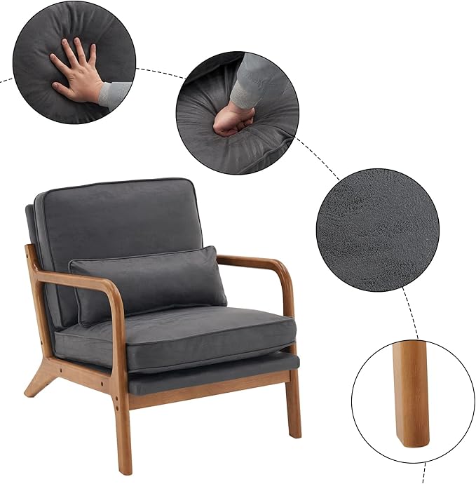 Bonnlo Microfiber Dark Grey Accent Chairs Set of 2, Upholstered Mid Century Modern Lounge Chairs Reading Chairs Side Sitting Chair Solid Wood Farmhouse Armchairs for Living Room, Bedroom, Guest Room