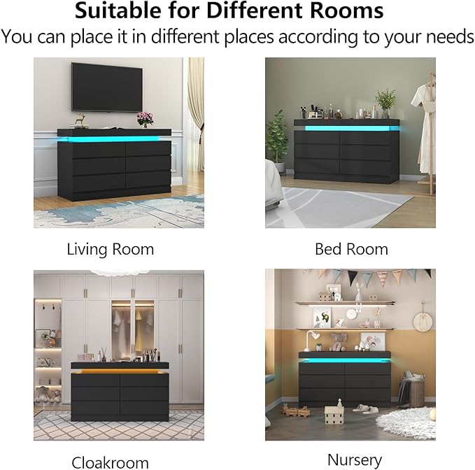 Gyfimoie 6 Drawer Dresser with Power Outlet, Dresser with LED Light, Modern Chest of Drawers for Closet, Double Wide Drawer Organizer Cabinet for Bedroom, Living Room (Black, 6 Drawers)