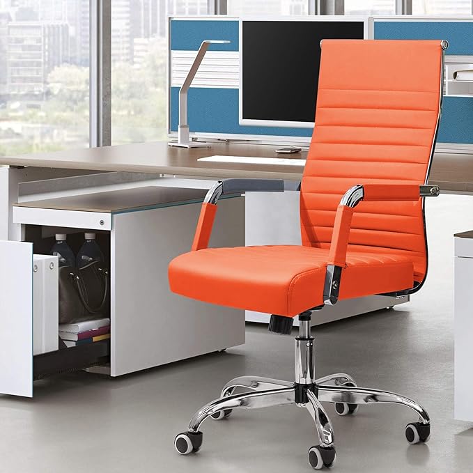 Furmax Ergonomic Office Desk Chair, Executive Ribbed Mid-Back PU Leather Conference Room Chair Adjustable Swivel Chair with Arms (4, Orange)