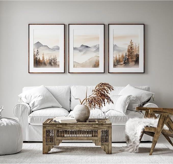 Neutral Mountain Wall Art Decor Set of 3 Forest Canvas Wall Art Poster Landscape Wall Art Artwork Modern Pictures Abstract Painting Watercolor Prints for Living Room Bedroom 16x24 Inch Unframed