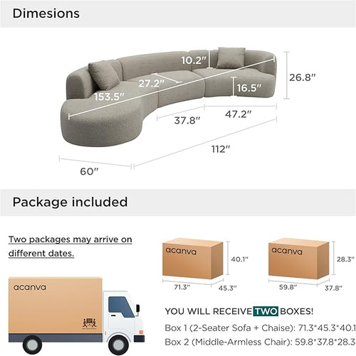 Acanva Modern Curved Sectional Living Room Couch, Minimalist Comfy Boucle Fabric Modular Sofa for Apartment, Home Office, 153" W Left Hand Facing, Light Coffee